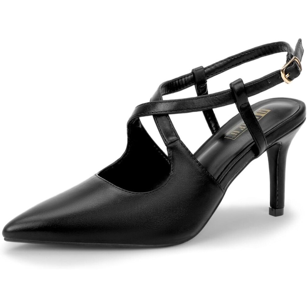 Women's Black Pu Closed Pointed Toe Heels Low Stilettos Pumps Slingback Shoes